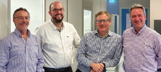 Optoscribe management include (left-to-right) chief commercial officer Steve McMahon, CEO Nick Psaila, chief operating officer Mark Hesketh, and CFO David Jolliffe.