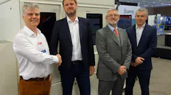Peter O'Brien, head of photonics packaging, Tyndall and director of PIXAPP, Torsten Vahrenkamp, CEO of ficonTEC, Ignazio Piacentini, director of business development at ficonTEC, and Patrick Morrissey, head of Photonics Operations and IPIC Centre manager, are all shown at Photonics West 2019 in San Francisco, CA.