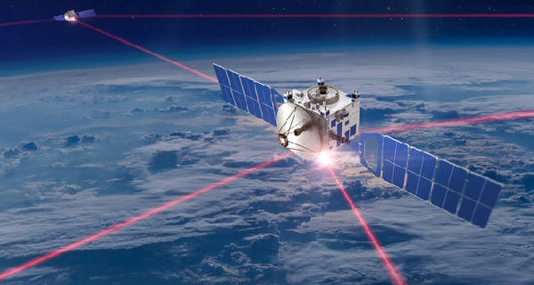 A sketch shows how lasers are used to communicate between satellites and between ground stations.