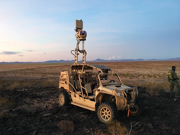 FIGURE 2. This light tactical reconnaissance and surveillance vehicle by FLIR, the LTV-X, carries a complementary sensor array that can include NIR, SWIR, thermal, laser rangefinding, and radar devices.