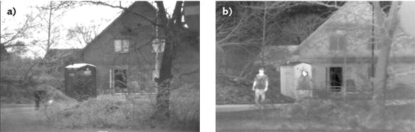 FIGURE 2. Visible (a) and infrared (b) images of a cottage are used to illustrate some basic techniques in image fusion.