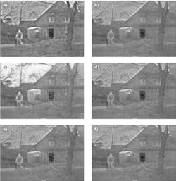 FIGURE 4. Fused images are compared after applying an average filter (a), median filter (b), Gaussian filter (c), bilateral filter (d), joint bilateral filter (e), and a guided filter (f); filters (a) and (b) yield the best visualizations. FIGURE 4. Fused images are compared after applying an average filter (a), median filter (b), Gaussian filter (c), bilateral filter (d), joint bilateral filter (e), and a guided filter (f); filters (a) and (b) yield the best visualizations.