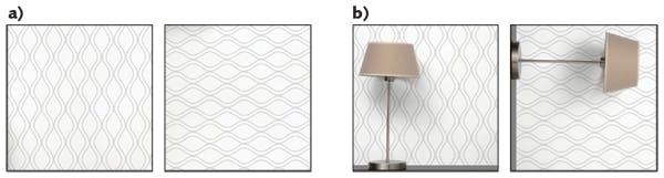 FIGURE 1. For wallpaper samples with an identical pattern (a), the lamp in the image (b) acts as a fiducial to determine the correct orientation of the sample.
