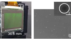 The actual 3D holographic display (left), and a scanning electron microscope image of the nonperiodic pinholes (right).