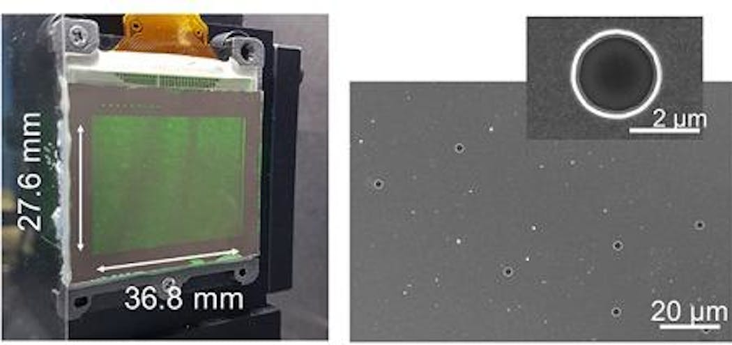 The actual 3D holographic display (left), and a scanning electron microscope image of the nonperiodic pinholes (right).