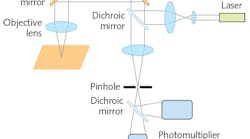 FIGURE 1. As seen in this schematic, a confocal laser scanning microscope includes two PMTs for light-sensing. FIGURE 1. As seen in this schematic, a confocal laser scanning microscope includes two PMTs for light-sensing.