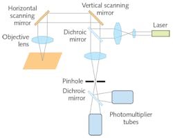 FIGURE 1. As seen in this schematic, a confocal laser scanning microscope includes two PMTs for light-sensing. FIGURE 1. As seen in this schematic, a confocal laser scanning microscope includes two PMTs for light-sensing.