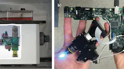 Microscope design without oculars is greatly simplified (a); Etaluma’s optics module is shown (b).