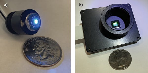 FIGURE 1. LEDs have many advantages over arc lamps (a) and CMOS cameras have eclipsed many of the performance attributes of CCD cameras (b).