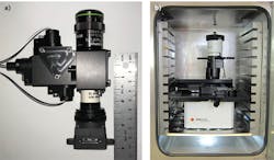 FIGURE 3. This compact, high-resolution, three-color fluorescence microscope module uses LED excitation, multiband filters, and a CMOS camera to provide high sensitivity and no pixel shift composites (a); reduced size and power needs enable new applications (b).