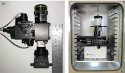 FIGURE 3. This compact, high-resolution, three-color fluorescence microscope module uses LED excitation, multiband filters, and a CMOS camera to provide high sensitivity and no pixel shift composites (a); reduced size and power needs enable new applications (b). FIGURE 3. This compact, high-resolution, three-color fluorescence microscope module uses LED excitation, multiband filters, and a CMOS camera to provide high sensitivity and no pixel shift composites (a); reduced size and power needs enable new applications (b).