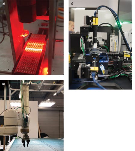 Figure 4. Cyth Systems has shown how its Neural Vision software is used in applications ranging from (a) semiconductor lead frame inspection (b) robotic pick and place systems (c) medical device inspection.