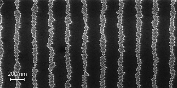 FIGURE 3. A scanning electron microscope image shows a 3300 lines/mm grating fabricated via the PTNM process using nanoparticles with a diameter = 25 nm.