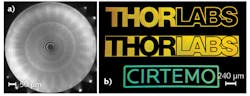 FIGURE 4. Optical images show a zone plate in fused silica manufactured using the PTNM process with nanoparticles with a diameter of 25 nm (a), as well as custom 2D logos composed of dispersive grating elements using nanoparticles with a diameter of 25 nm (b). FIGURE 4. Optical images show a zone plate in fused silica manufactured using the PTNM process with nanoparticles with a diameter of 25 nm (a), as well as custom 2D logos composed of dispersive grating elements using nanoparticles with a diameter of 25 nm (b).