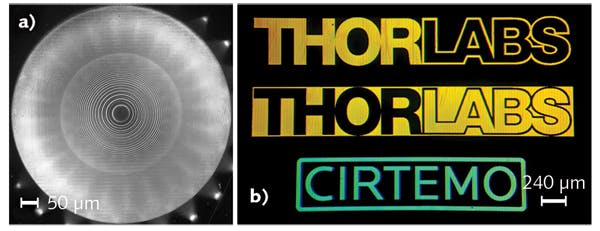 FIGURE 4. Optical images show a zone plate in fused silica manufactured using the PTNM process with nanoparticles with a diameter of 25 nm (a), as well as custom 2D logos composed of dispersive grating elements using nanoparticles with a diameter of 25 nm (b).