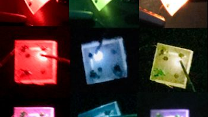 A GaN:Eu LED can be tuned from red-yellow due to red and green light mixing from different Eu states (top). A GaN:Eu LED with additionally added Si/Mg adds blue emission (middle and bottom). Each picture is under a different current injection/filtering condition.