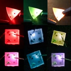 A GaN:Eu LED can be tuned from red-yellow due to red and green light mixing from different Eu states (top). A GaN:Eu LED with additionally added Si/Mg adds blue emission (middle and bottom). Each picture is under a different current injection/filtering condition. A GaN:Eu LED can be tuned from red-yellow due to red and green light mixing from different Eu states (top). A GaN:Eu LED with additionally added Si/Mg adds blue emission (middle and bottom). Each picture is under a different current injection/filtering condition.