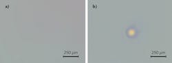 FIGURE 2. An example of laser-induced damage seen on a 250 μm scale shows small red and purple marks from a 532 nm laser after 1000 shots; these are most likely nonpropagating (a). It also shows a plasma scald seen through a DIC microscope (b). FIGURE 2. An example of laser-induced damage seen on a 250 μm scale shows small red and purple marks from a 532 nm laser after 1000 shots; these are most likely nonpropagating (a). It also shows a plasma scald seen through a DIC microscope (b).