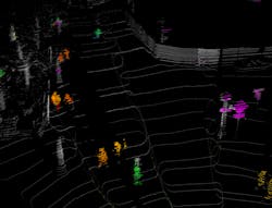 FIGURE 1. A single frame of Blackmore FMCW lidar data is colorized by the point cloud’s velocity data. Blues and greens indicate motion towards the sensor, while reds and oranges indicate motion aware from the sensor. White points are globally static and pink indicates retroreflective material such as street signs. FIGURE 1. A single frame of Blackmore FMCW lidar data is colorized by the point cloud’s velocity data. Blues and greens indicate motion towards the sensor, while reds and oranges indicate motion aware from the sensor. White points are globally static and pink indicates retroreflective material such as street signs.