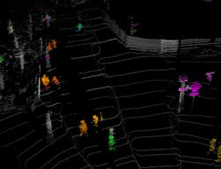 FIGURE 1. A single frame of Blackmore FMCW lidar data is colorized by the point cloud&rsquo;s velocity data. Blues and greens indicate motion towards the sensor, while reds and oranges indicate motion aware from the sensor. White points are globally static and pink indicates retroreflective material such as street signs.