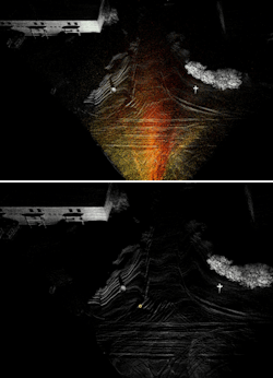 FIGURE 2. An overhead view of velocity-colored Blackmore lidar data indicates oncoming snow as volumetric noise within the sensor field of view (a); filtering of the snow using the velocity data improves the definition of a street sign and the snow-covered road surface (b). FIGURE 2. An overhead view of velocity-colored Blackmore lidar data indicates oncoming snow as volumetric noise within the sensor field of view (a); filtering of the snow using the velocity data improves the definition of a street sign and the snow-covered road surface (b).