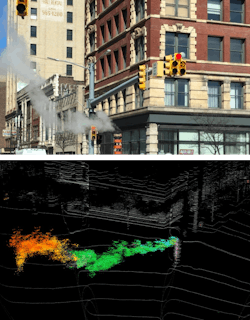 FIGURE 4. A photograph of a smokestack above a sewer vent in downtown Detroit (a) is compared to a Blackmore lidar image of the same scene, again colorized by velocity (b); the motion of the steam is evident.