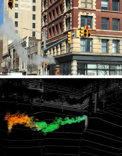 FIGURE 4. A photograph of a smokestack above a sewer vent in downtown Detroit (a) is compared to a Blackmore lidar image of the same scene, again colorized by velocity (b); the motion of the steam is evident. FIGURE 4. A photograph of a smokestack above a sewer vent in downtown Detroit (a) is compared to a Blackmore lidar image of the same scene, again colorized by velocity (b); the motion of the steam is evident.