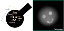 FIGURE 3. A test plate (left) was imaged by quantum-enhanced imaging with a scientific CMOS camera (right) using constructive interference of the signal photons; the exposure time was 0.1 s. FIGURE 3. A test plate (left) was imaged by quantum-enhanced imaging with a scientific CMOS camera (right) using constructive interference of the signal photons; the exposure time was 0.1 s.