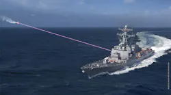 FIGURE 1. A conceptual image shows the HELIOS laser installed on a Navy destroyer, shooting down a drone. (Courtesy of Lockheed Martin)