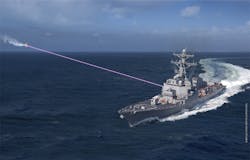 FIGURE 1. A conceptual image shows the HELIOS laser installed on a Navy destroyer, shooting down a drone. (Courtesy of Lockheed Martin) FIGURE 1. A conceptual image shows the HELIOS laser installed on a Navy destroyer, shooting down a drone. (Courtesy of Lockheed Martin)