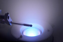 FIGURE 1. A Multipole Resonance Probe (MRP) monitors a plasma produced by an advanced plasma source (APS). (Copyright: INP &ndash; Leibniz Institute for Plasma Science and Technology)
