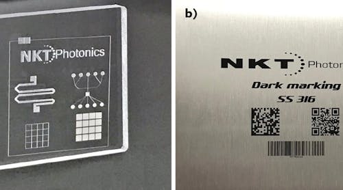 FIGURE 1. Glass marked and engraved for lab-on-chip devices (a) and stainless steel marked with permanent, high-contrast, high-resolution graphics (b) were both accomplished using an Origami ultrashort-pulsed laser. (Courtesy of Optek Systems)