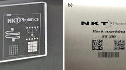 FIGURE 1. Glass marked and engraved for lab-on-chip devices (a) and stainless steel marked with permanent, high-contrast, high-resolution graphics (b) were both accomplished using an Origami ultrashort-pulsed laser. (Courtesy of Optek Systems) FIGURE 1. Glass marked and engraved for lab-on-chip devices (a) and stainless steel marked with permanent, high-contrast, high-resolution graphics (b) were both accomplished using an Origami ultrashort-pulsed laser. (Courtesy of Optek Systems)