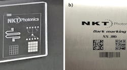 FIGURE 1. Glass marked and engraved for lab-on-chip devices (a) and stainless steel marked with permanent, high-contrast, high-resolution graphics (b) were both accomplished using an Origami ultrashort-pulsed laser. (Courtesy of Optek Systems)