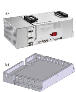 FIGURE 5. The Origami XP laser (a) and a model of the monolithic resonator block (b) show some of the machined optical mounting features. (Courtesy of NKT Photonics) FIGURE 5. The Origami XP laser (a) and a model of the monolithic resonator block (b) show some of the machined optical mounting features. (Courtesy of NKT Photonics)