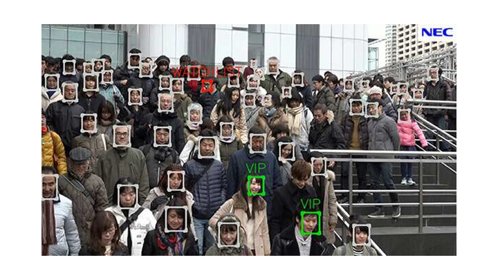 A promotional picture shows NEC’s NeoFace facial recognition technology.