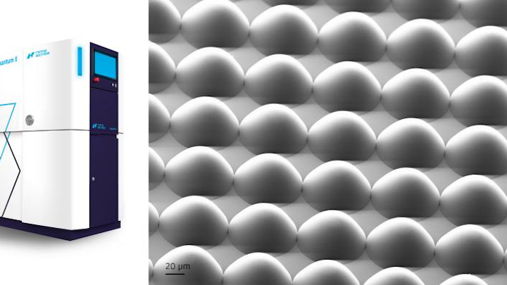 Microlens array (right) fabricated by Nanoscribe's Quantum X (left).