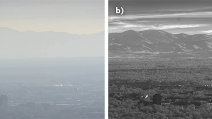 Images of Utah's Salt Lake Valley captured in visible light (left) and shortwave infrared (SWIR; right) illustrate how SWIR imaging can cut through haze.