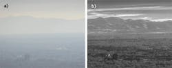 Images of Utah's Salt Lake Valley captured in visible light (left) and shortwave infrared (SWIR; right) illustrate how SWIR imaging can cut through haze. Images of Utah's Salt Lake Valley captured in visible light (left) and shortwave infrared (SWIR; right) illustrate how SWIR imaging can cut through haze.