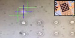 A still from a video (link below) shows polymer microdisks being transferred to glass via laser catapulting. Laser catapulting can also be used to fabricate an array of microlenses directly on top of a photodetector array (inset), useful for directing more light onto the most sensitive parts of the detector. A still from a video (link below) shows polymer microdisks being transferred to glass via laser catapulting. Laser catapulting can also be used to fabricate an array of microlenses directly on top of a photodetector array (inset), useful for directing more light onto the most sensitive parts of the detector.