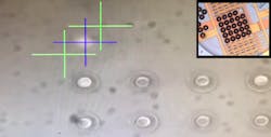 A still from a video (link below) shows polymer microdisks being transferred to glass via laser catapulting. Laser catapulting can also be used to fabricate an array of microlenses directly on top of a photodetector array (inset), useful for directing more light onto the most sensitive parts of the detector.
