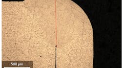 FIGURE 1. An aluminum prismatic battery seam seal is shown, where the cross-section (a) and longitudinal section (b) clearly show no porosity. FIGURE 1. An aluminum prismatic battery seam seal is shown, where the cross-section (a) and longitudinal section (b) clearly show no porosity.