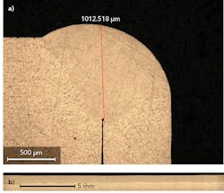 FIGURE 1. An aluminum prismatic battery seam seal is shown, where the cross-section (a) and longitudinal section (b) clearly show no porosity. FIGURE 1. An aluminum prismatic battery seam seal is shown, where the cross-section (a) and longitudinal section (b) clearly show no porosity.