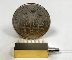 FIGURE 2. The tunable-laser-based transceiver with integrated SOA is packaged to accommodate the small form factors required for communications devices. Comparable to the size of a U.S. dime, the package is 14 mm long, 5 mm wide, and 4 mm high.