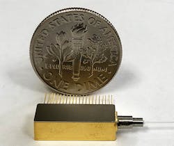 FIGURE 2. The tunable-laser-based transceiver with integrated SOA is packaged to accommodate the small form factors required for communications devices. Comparable to the size of a U.S. dime, the package is 14 mm long, 5 mm wide, and 4 mm high. FIGURE 2. The tunable-laser-based transceiver with integrated SOA is packaged to accommodate the small form factors required for communications devices. Comparable to the size of a U.S. dime, the package is 14 mm long, 5 mm wide, and 4 mm high.