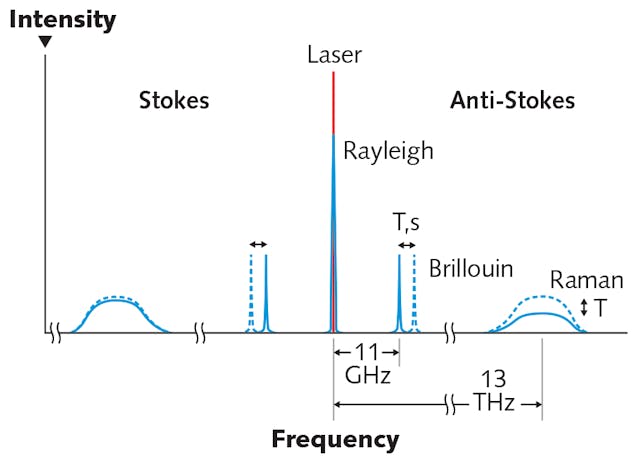 FIGURE 1. A schematic representation details the spectral components of scattered light within an optical fiber.
