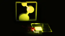 The first prototype of a new single-layer OLED developed in Mainz, Germany illuminates the logo for its developer, the Max Planck Institute for Polymer Research, MPI-P.
