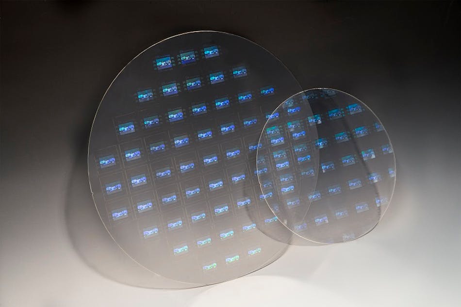 The 200 mm wafers are contrasted in size with the new 300 mm wafers produced using nanoimprint lithography (NIL) to support glass technologies for augmented reality/mixed reality (AR/MR).