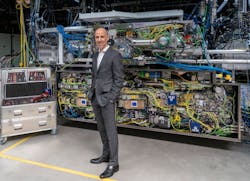 Peter Leibinger, CTO of TRUMPF, shows the 40 kW CO2 laser that pumps the EUV generator. Peter Leibinger, CTO of TRUMPF, shows the 40 kW CO2 laser that pumps the EUV generator.
