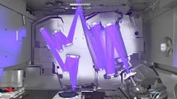Inside NXE:3400 – the full optical light path with the EUV source at bottom right and the mask at top. Inside NXE:3400 – the full optical light path with the EUV source at bottom right and the mask at top.